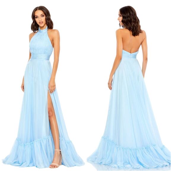 Mac Duggal NWT High Neck Tiered Chiffon Halter Gown Sky Blue Size 2 Side Slit - Picture 1 of 11